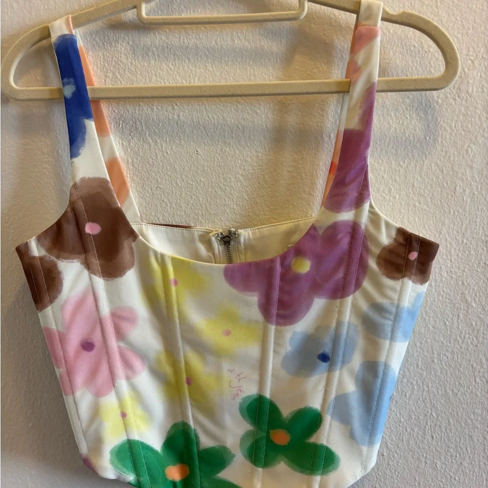 With Jean White Floral Tank Top with Multicolor Blooms - Picture 3 of 3